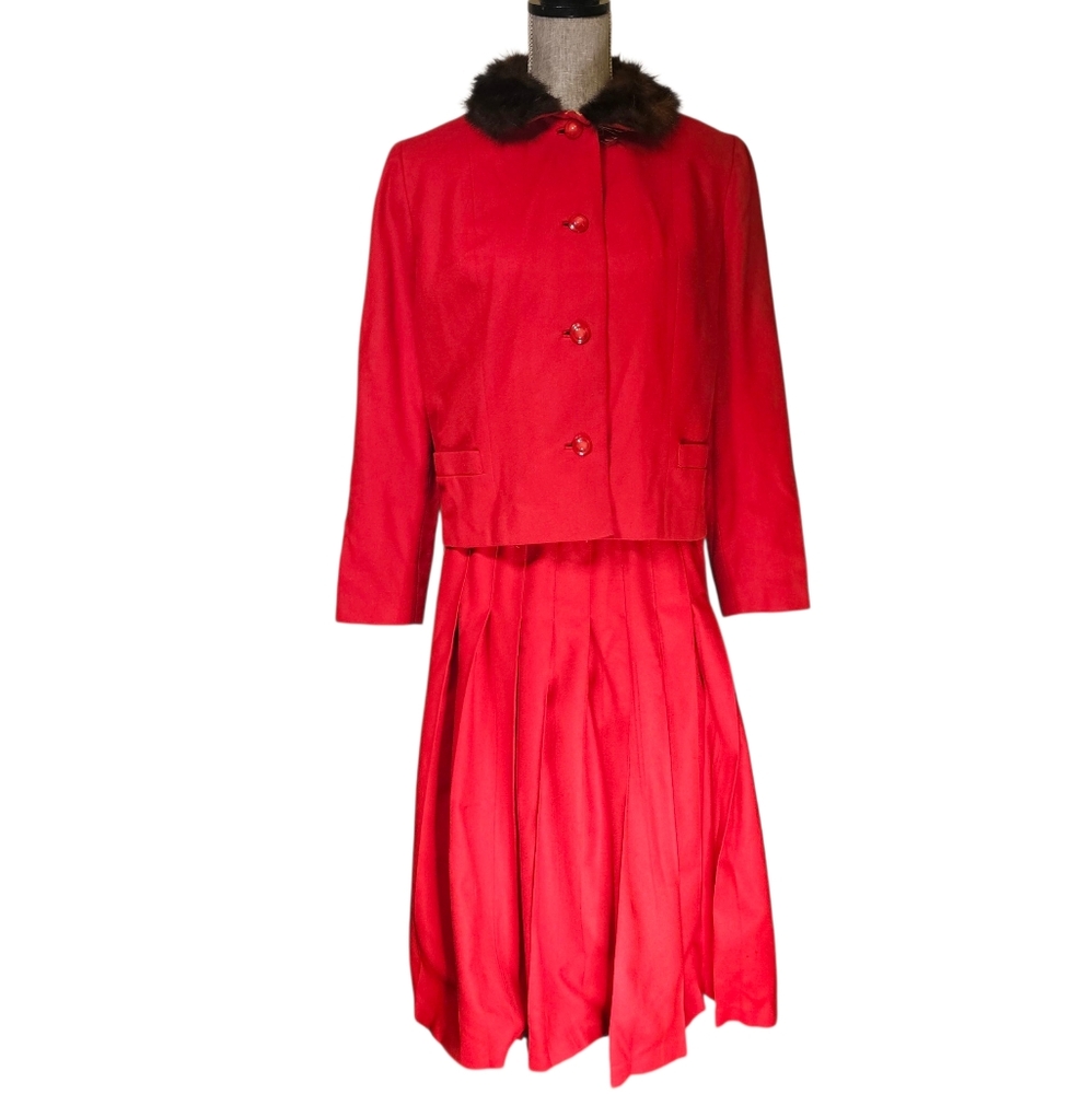 Pendleton Vintage 70s Red Suit Skirt Set Size XS Virgin Wool Fur Collar Pleated